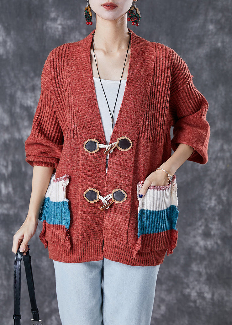 Fashion Red Oversized Patchwork Pockets Knit Cardigan Fall