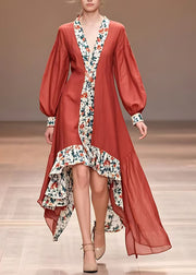 Fashion Red Print Asymmetrical Long Dresses Fall