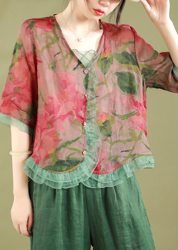 Fashion gray-geometry Ruffled Button Patchwork Linen Blouse Top Summer