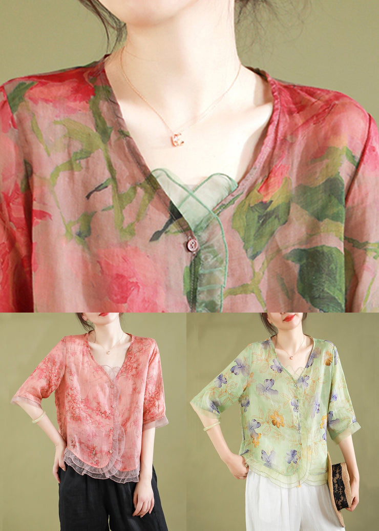 Fashion gray-floral Ruffled Button Patchwork Linen Blouse Top Summer