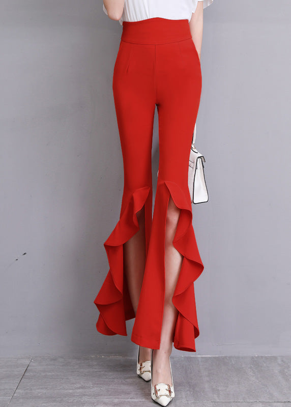 Fashion Red Ruffled Side Open Slim Bell Bottomed Trousers Summer