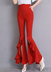 Fashion Red Ruffled Side Open Slim Bell Bottomed Trousers Summer