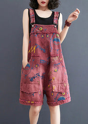 Fashion Red Slash Neck Print Patchwork Denim Jumpsuit Summer