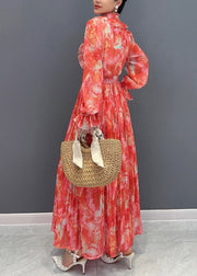 Fashion Red Stand Collar Print Sashes Chiffon Long Dress Long Sleeve