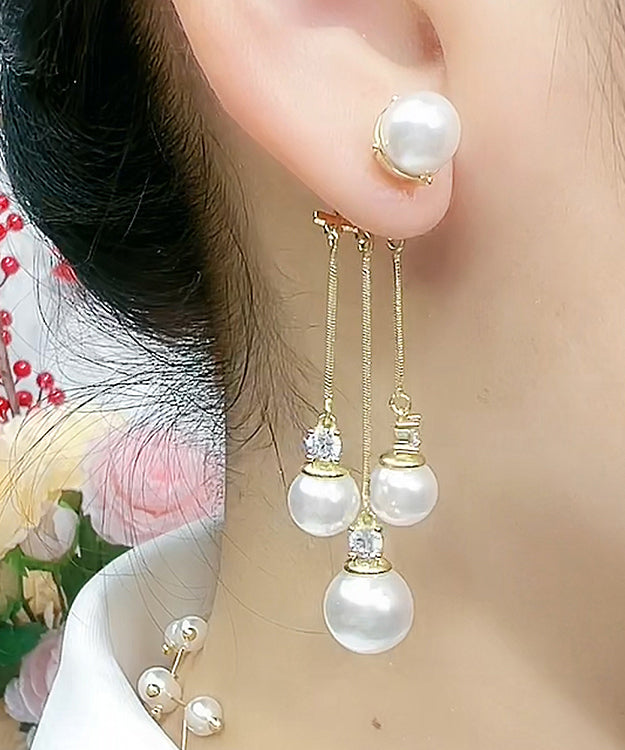 Fashion Red Stering Silver Overgild Pearl Zircon Tassel Drop Earrings