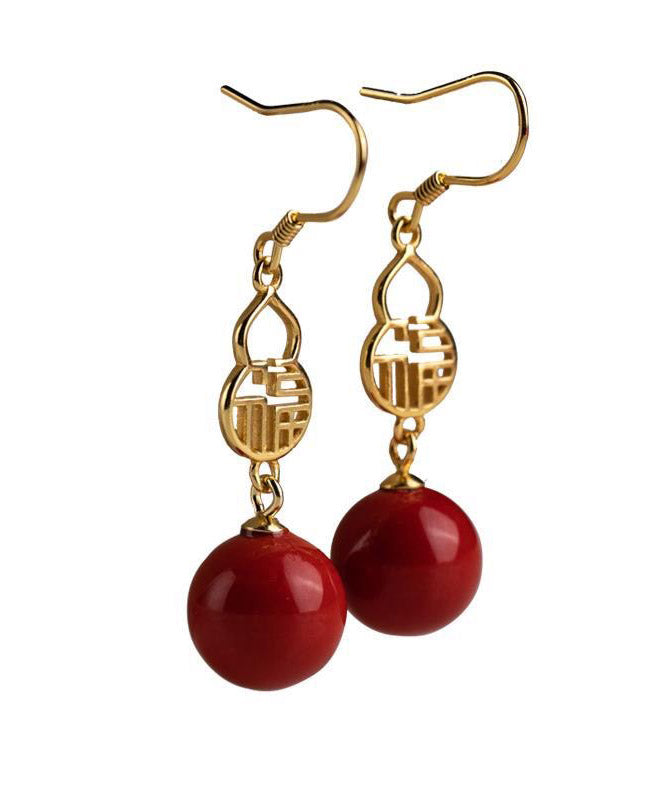 Fashion Red Sterling Silver Agate Gourd Drop Earrings