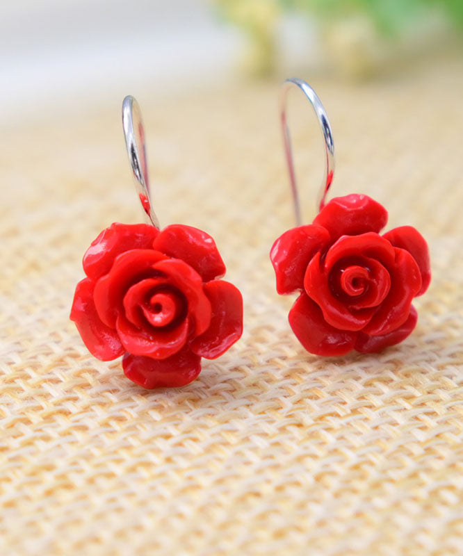 Fashion Red Sterling Silver Cinnabar Beeswax Rose Drop Earrings