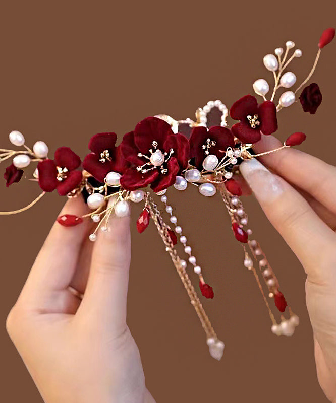 Fashion Red Sterling Silver Overgild Pearl Floral Tassel Hairpin