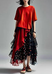 Fashion Red Tulle Patchwork Chiffon Long Dress Short Sleeve