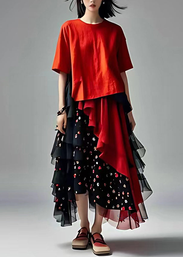 Fashion Red Tulle Patchwork Chiffon Long Dress Short Sleeve