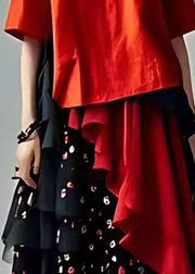 Fashion Red Tulle Patchwork Chiffon Long Dress Short Sleeve