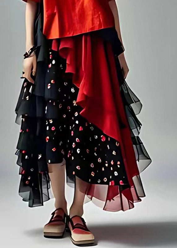 Fashion Red Tulle Patchwork Chiffon Long Dress Short Sleeve