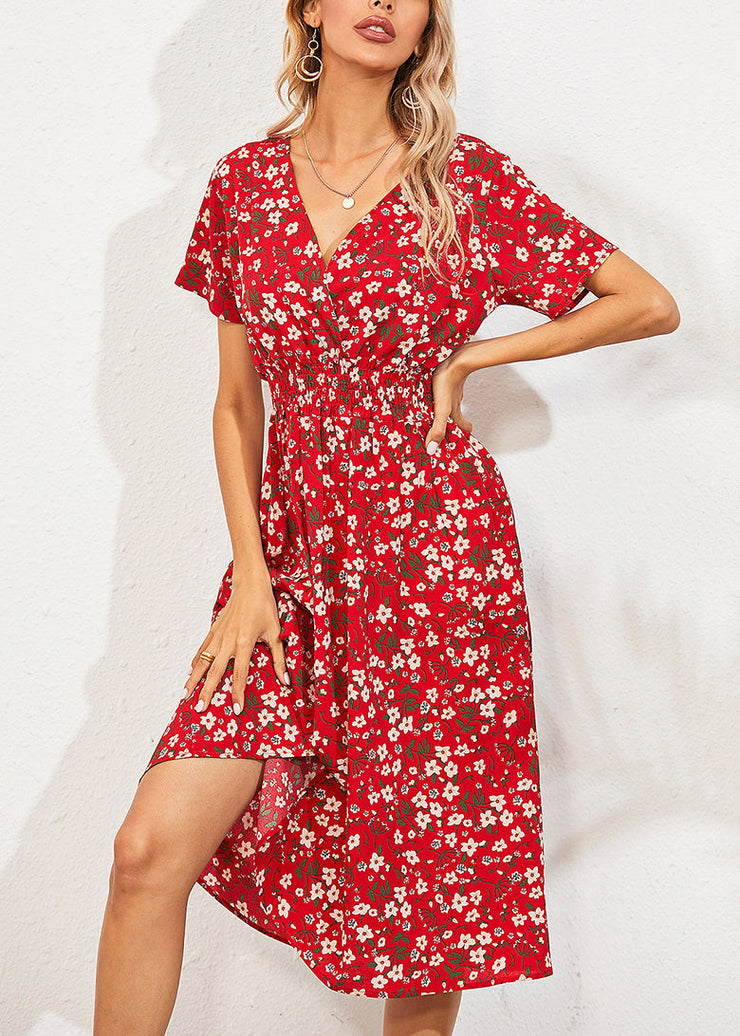 Fashion Red V Nec Print Long Dress Summer