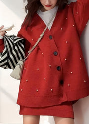 Fashion Red V Neck Nail Bead Cotton Knit Cardigan And Skirts Two Pieces Set Winter