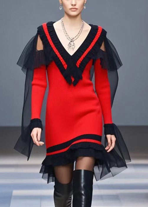 Fashion Red V Neck Patchwork Tulle Knitwear Dress Winter