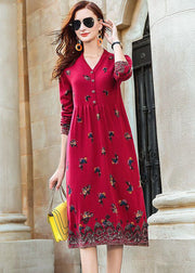 Fashion Red V Neck Print Knit Long Dresses Spring