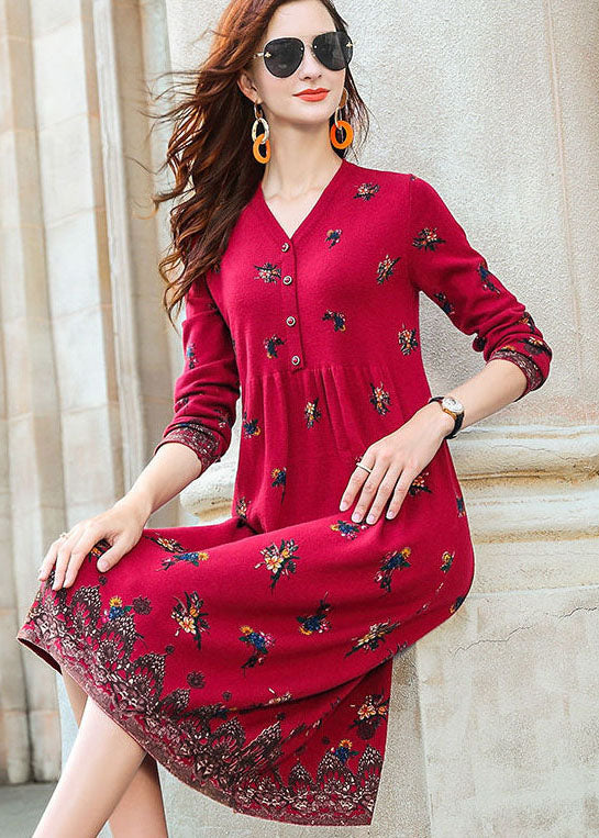 Fashion Red V Neck Print Knit Long Dresses Spring