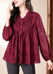 Fashion Red V Neck Ruffled Chiffon Shirt Long Sleeve