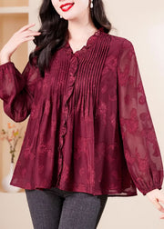 Fashion Red V Neck Ruffled Chiffon Shirt Long Sleeve