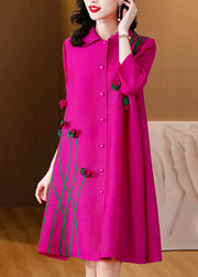 Fashion Rose Button Mid Dresses Long Sleeve