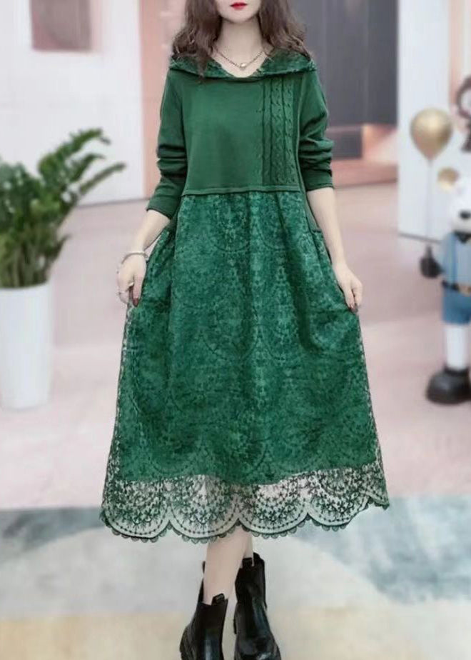 Fashion Rose Hooded Patchwork Lace Long Dresses Fall