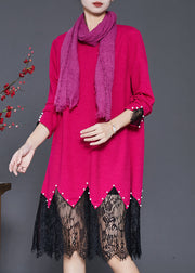 Fashion Rose Lace Patchwork Nail Bead Knit Dresses Spring