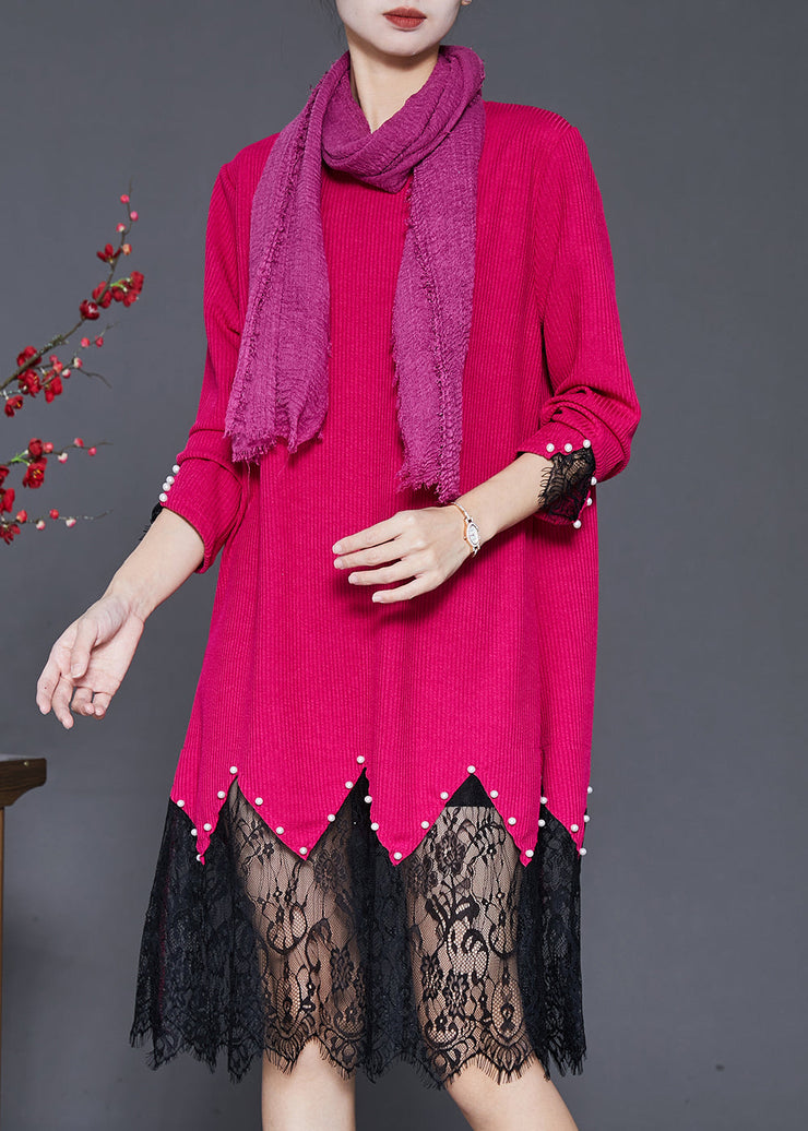 Fashion Rose Lace Patchwork Nail Bead Knit Dresses Spring