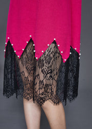 Fashion Rose Lace Patchwork Nail Bead Knit Dresses Spring