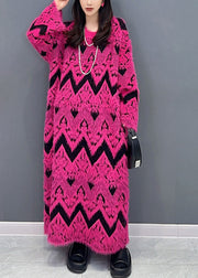 Fashion Rose O Neck Teddy Patchwork Knit Long Dress Fall