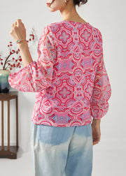 Fashion Rose Oversized Print Chiffon Shirt Top Bracelet Sleeve