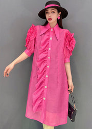 Fashion Rose Peter Pan Collar Patchwork Ruffles Silk Maxi Dresses Short Sleeve