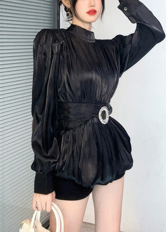 Fashion Rose Stand Collar Wrinkled Silk Top Lantern Sleeve