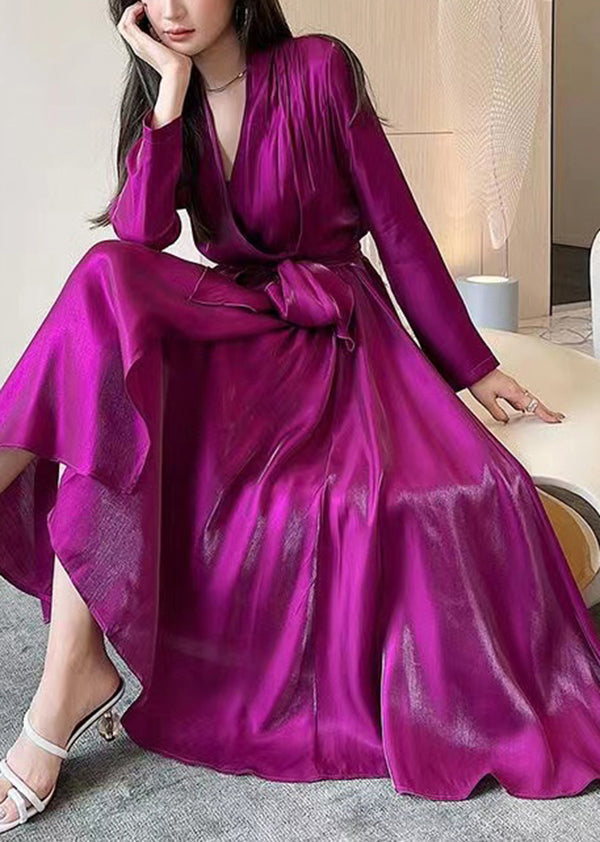 Fashion Rose V Neck Tie Waist Silk Long Dress Spring