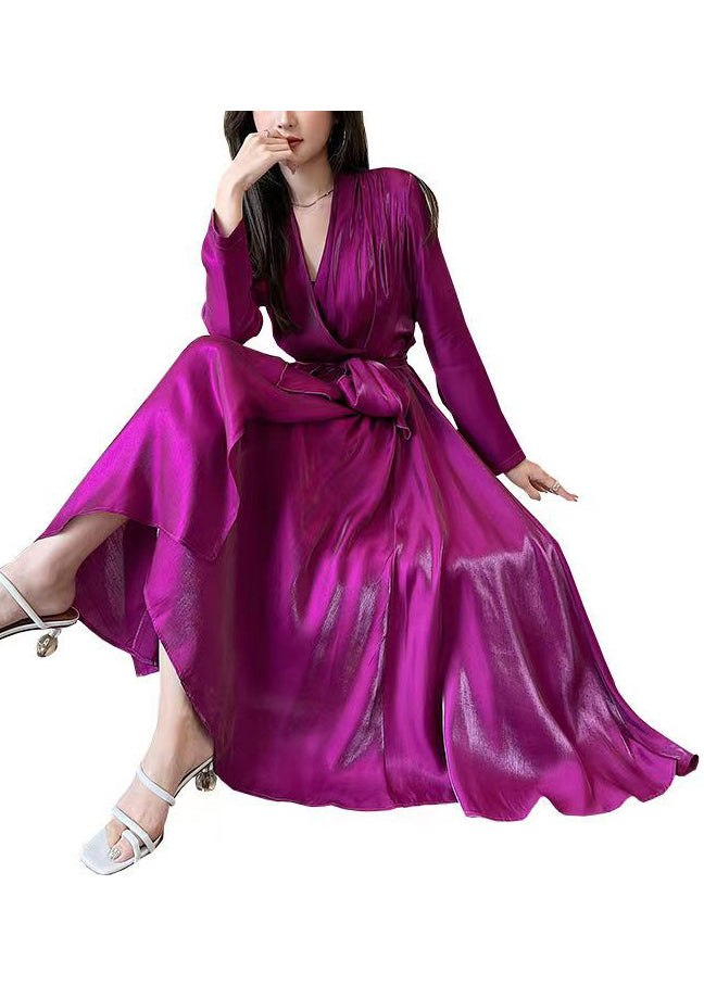 Fashion Rose V Neck Tie Waist Silk Long Dress Spring