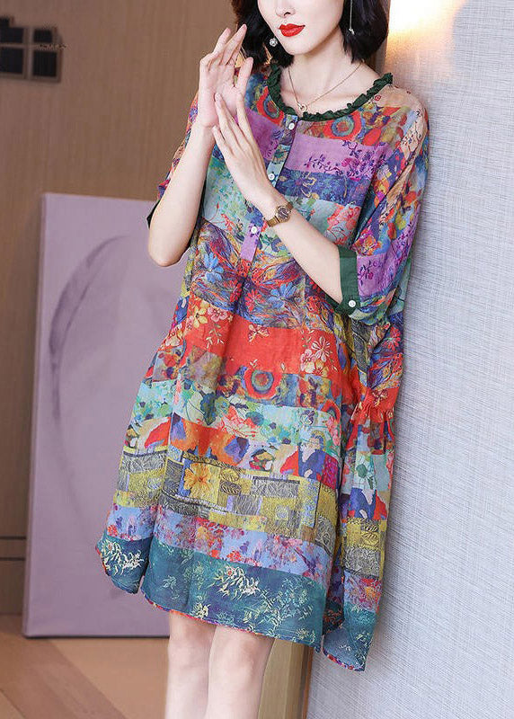 Fashion Ruffled Print Button Side Open Linen Vacation Dresses Half Sleeve