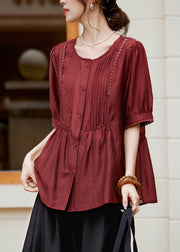 Fashion Rust Lace Patchwork Button Silk Shirt Summer