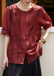 Fashion Rust Lace Patchwork Button Silk Shirt Summer