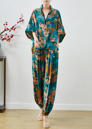 Fashion Sea Blue Zip Up Print Chiffon Two Pieces Set Summer