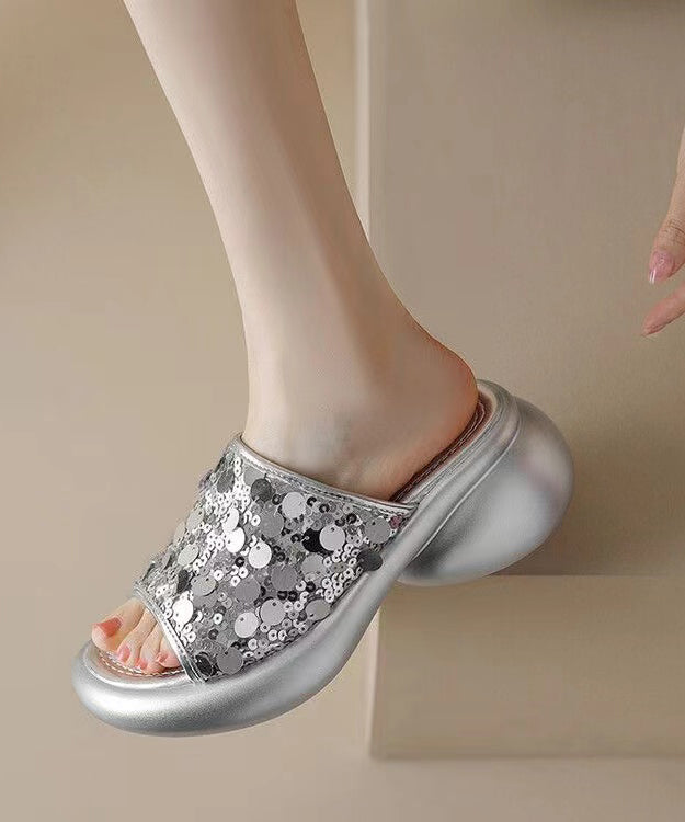 Fashion Sequins Platform Silver Breathable Mesh Slide Sandals