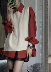 Fashion Side Open Apricot Knit Waistcoat And Red Shirts Two Pieces Set Fall