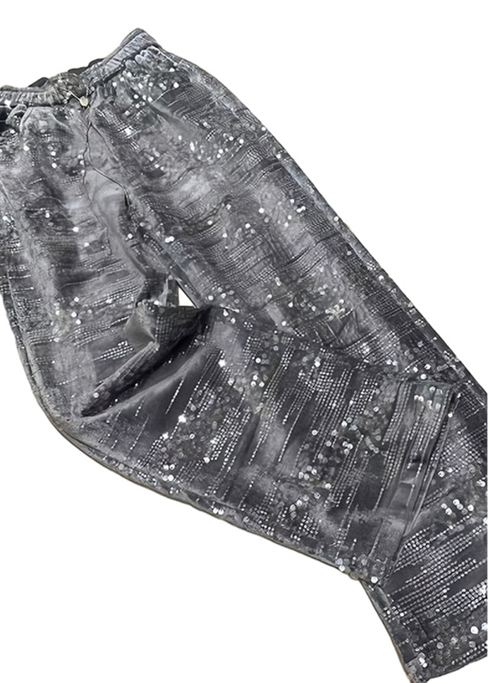 Fashion Silver Sequins Elastic Waist Straight Pants Spring