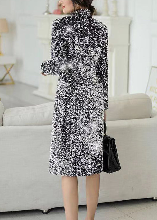 Fashion Silver V Neck Slim Fit Sequins Trench Spring