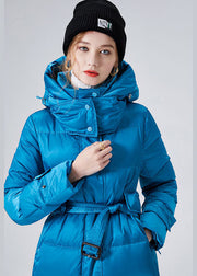 Fashion Sky Blue Hooded Sashes Lengthen Duck Down Down Coat Winter