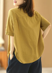 Fashion Solid Khaki Peter Pan Collar Patchwork Cotton Shirt Tops Short Sleeve