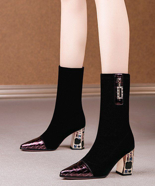 Fashion Splicing Chunky Boots Colorblock Pointed Toe