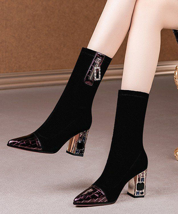 Fashion Splicing Chunky Boots Colorblock Pointed Toe