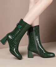 Fashion Splicing Chunky Boots Green Cowhide Leather Fuzzy Wool Lined