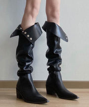 Fashion Splicing Chunky Knee Boots Black Faux Leather