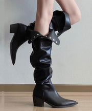 Fashion Splicing Chunky Knee Boots Black Faux Leather