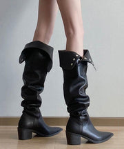 Fashion Splicing Chunky Knee Boots Black Faux Leather